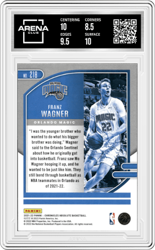 Franz Wagner from the 2021-22 Panini Chronicles set featuring a Bronze parallel graded by Arena Club and given an overall grade of 9.
