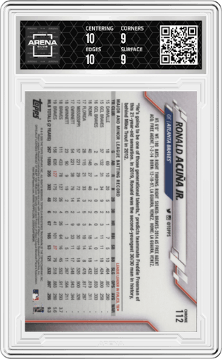 Ronald Acuna Jr. from the 2020 Topps Chrome set graded by Arena Club and given an overall grade of 9.5.