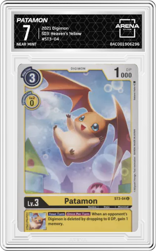 Patamon from the 2021 Digimon set graded by Arena Club and given an overall grade of 7.
