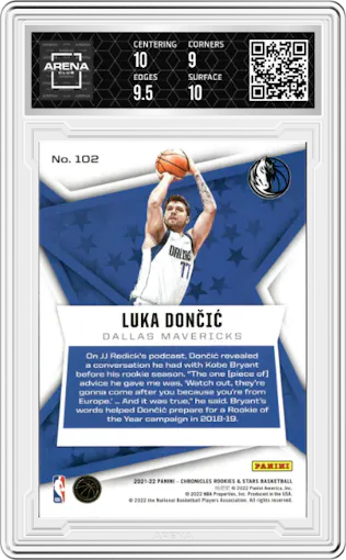 Luka Doncic from the 2021-22 Panini Chronicles set graded by Arena Club and given an overall grade of 9.5.