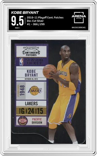  Kobe Bryant  from the 2010-11 Playoff Contenders Patches set featuring a Die-Cut Silver  parallel graded by Arena Club and given an overall grade of 9.5.