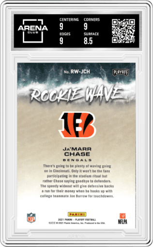 Ja'Marr Chase from the 2021 Panini Playoff set graded by Arena Club and given an overall grade of 9.