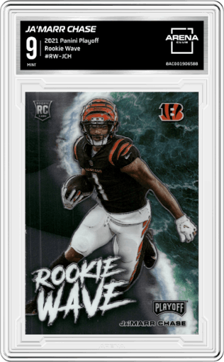 Ja'Marr Chase from the 2021 Panini Playoff set graded by Arena Club and given an overall grade of 9.