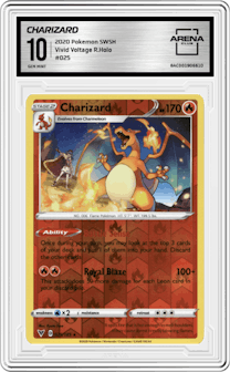 Charizard from the 2020 Pokemon SWSH set graded by Arena Club and given an overall grade of 10.
