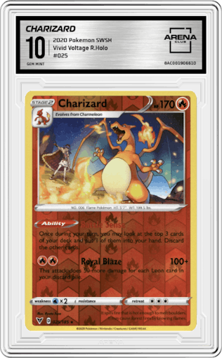 Charizard from the 2020 Pokemon SWSH set graded by Arena Club and given an overall grade of 10.