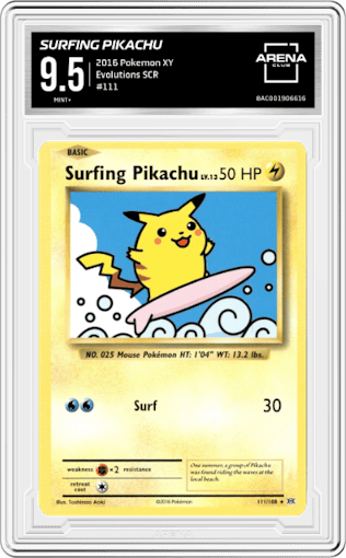 Surfing Pikachu from the 2016 Pokemon XY set graded by Arena Club and given an overall grade of 9.5.