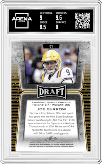 Joe Burrow  from the 2020 Leaf Draft set featuring a Gold parallel graded by Arena Club and given an overall grade of 9.5.