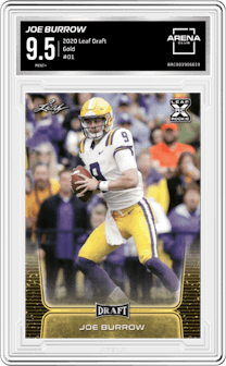 Joe Burrow  from the 2020 Leaf Draft set featuring a Gold parallel graded by Arena Club and given an overall grade of 9.5.