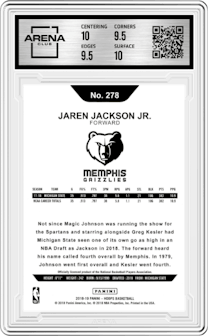 Jaren Jackson Jr. from the 2018-19 Panini NBA Hoops  set graded by Arena Club and given an overall grade of 10.