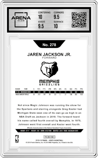 Jaren Jackson Jr. from the 2018-19 Panini NBA Hoops  set graded by Arena Club and given an overall grade of 10.