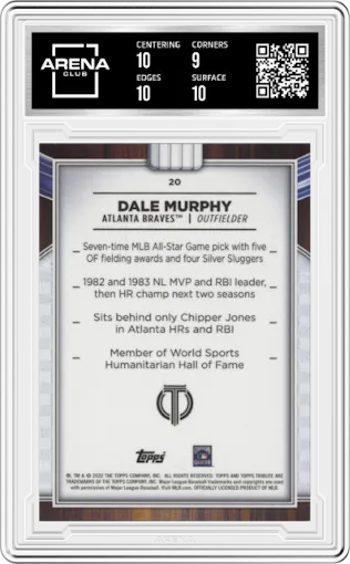 Dale Murphy from the 2022 Topps Tribute set featuring a Purple parallel graded by Arena Club and given an overall grade of 9.5.