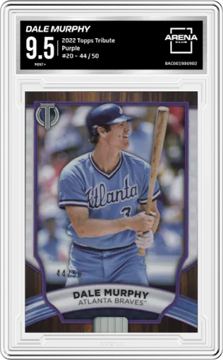 Dale Murphy from the 2022 Topps Tribute set featuring a Purple parallel graded by Arena Club and given an overall grade of 9.5.