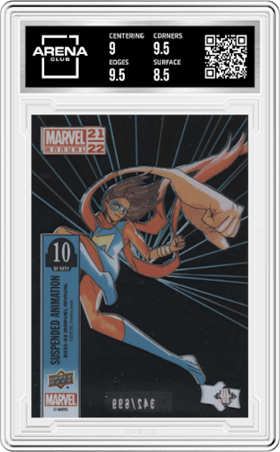 Ms. Marvel from the 2021-22 Upper Deck Marvel Annual set graded by Arena Club and given an overall grade of 9.