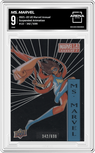 Ms. Marvel from the 2021-22 Upper Deck Marvel Annual set graded by Arena Club and given an overall grade of 9.
