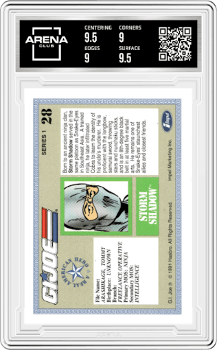 Storm Shadow from the 1991 Impel G.I. Joe set graded by Arena Club and given an overall grade of 9.5.