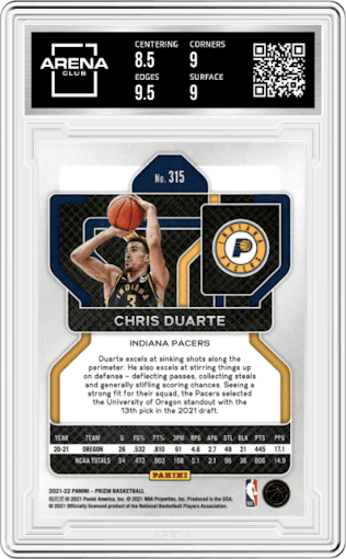 Chris Duarte from the 2021-22 Panini Prizm  set graded by Arena Club and given an overall grade of 9.