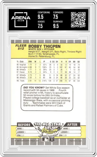 Bobby Thigpen from the 1989 Fleer set graded by Arena Club and given an overall grade of 8.