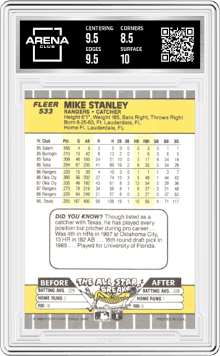 Mike Stanley from the 1989 Fleer set graded by Arena Club and given an overall grade of 9.
