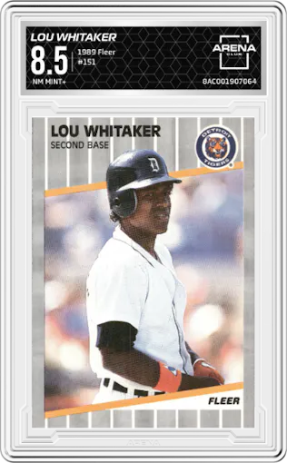 Lou Whitaker from the 1989 Fleer set graded by Arena Club and given an overall grade of 8.5.