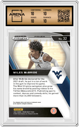 Miles McBride from the 2021-22 Panini Prizm Draft Picks set featuring a Red Ice Prizm parallel graded by Arena Club and given an overall grade of 10.