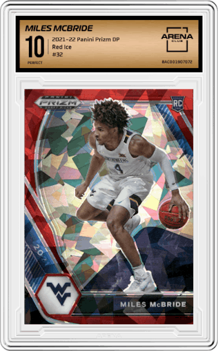 Miles McBride from the 2021-22 Panini Prizm Draft Picks set featuring a Red Ice Prizm parallel graded by Arena Club and given an overall grade of 10.
