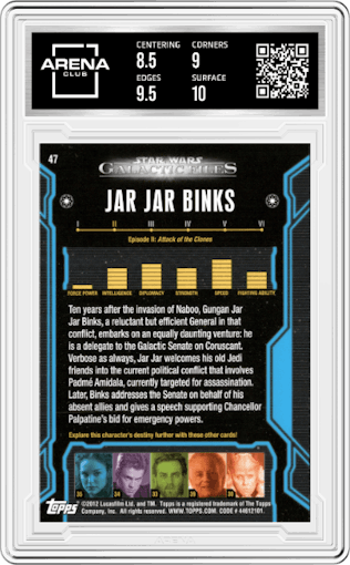 Jar Jar Binks from the 2012 Topps Star Wars Galactic Files  set graded by Arena Club and given an overall grade of 9.