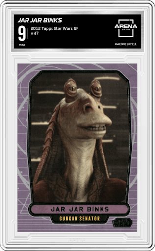 Jar Jar Binks from the 2012 Topps Star Wars Galactic Files  set graded by Arena Club and given an overall grade of 9.