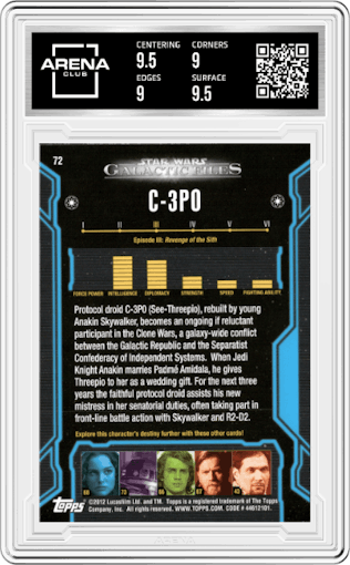 C-3PO from the 2012 Topps Star Wars Galactic Files  set graded by Arena Club and given an overall grade of 9.5.