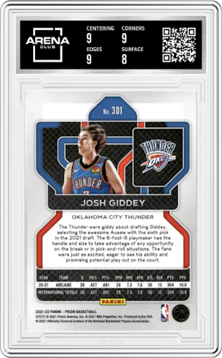 Josh Giddey from the 2021-22 Panini Prizm  set graded by Arena Club and given an overall grade of 8.5.