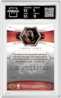 Lebron James from the 2005-06 SP Authentic set graded by Arena Club and given an overall grade of 9.5.