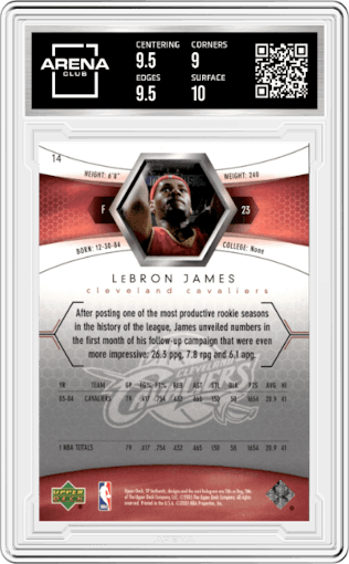 Lebron James from the 2005-06 SP Authentic set graded by Arena Club and given an overall grade of 9.5.