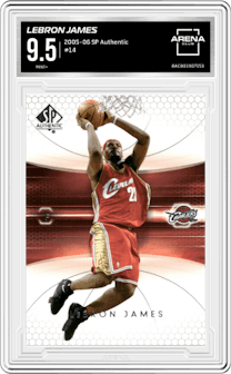 Lebron James from the 2005-06 SP Authentic set graded by Arena Club and given an overall grade of 9.5.
