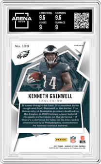 Kenneth Gainwell from the 2021 Panini Rookies & Stars set featuring a Pulsar  parallel graded by Arena Club and given an overall grade of 9.5.