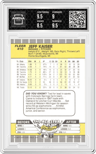 Jeff Kaiser from the 1989 Fleer set graded by Arena Club and given an overall grade of 9.