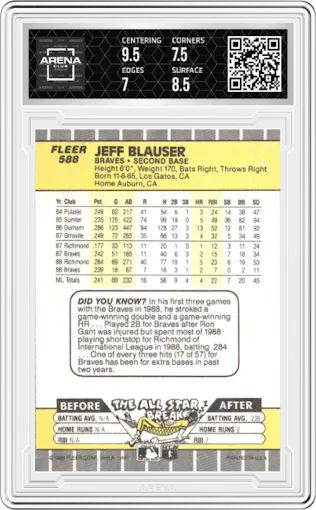 Jeff Blauser  from the 1989 Fleer set graded by Arena Club and given an overall grade of 7.5.