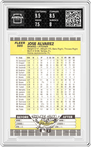Jose Alvarez from the 1989 Fleer set graded by Arena Club and given an overall grade of 8.