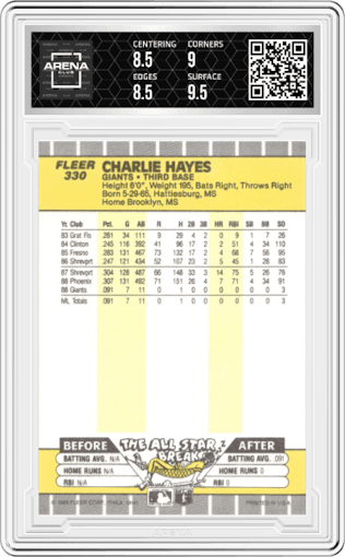 Charlie Hayes from the 1989 Fleer set graded by Arena Club and given an overall grade of 9.
