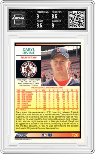 Daryl Irvine from the 1992 Score set graded by Arena Club and given an overall grade of 9.