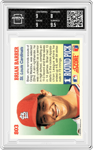 Brian Barber from the 1992 Score set graded by Arena Club and given an overall grade of 8.5.