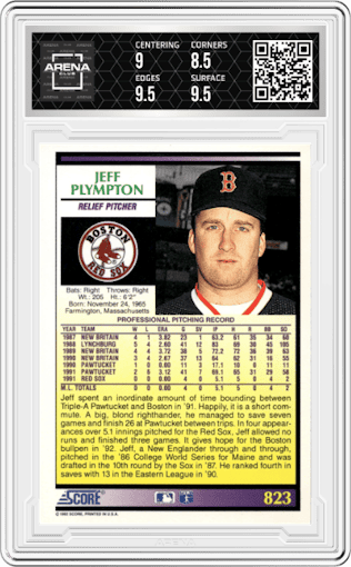 Jeff Plympton from the 1992 Score set graded by Arena Club and given an overall grade of 9.