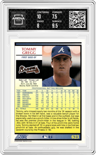 Tommy Gregg from the 1992 Score set graded by Arena Club and given an overall grade of 8.