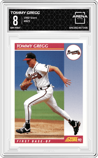 Tommy Gregg from the 1992 Score set graded by Arena Club and given an overall grade of 8.