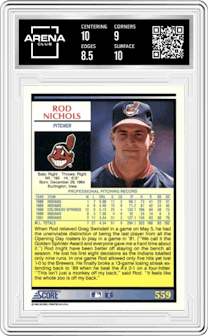 Rod Nichols from the 1992 Score set graded by Arena Club and given an overall grade of 9.