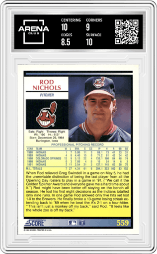 Rod Nichols from the 1992 Score set graded by Arena Club and given an overall grade of 9.