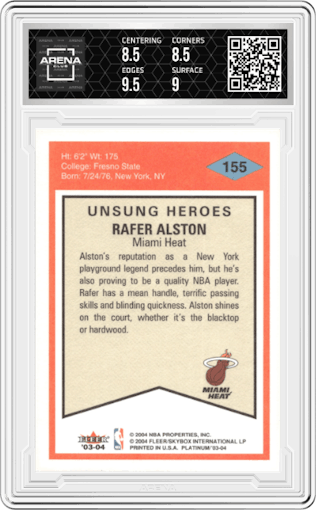 Rafer Alston from the 2003-04 Fleer Platinum set graded by Arena Club and given an overall grade of 9.