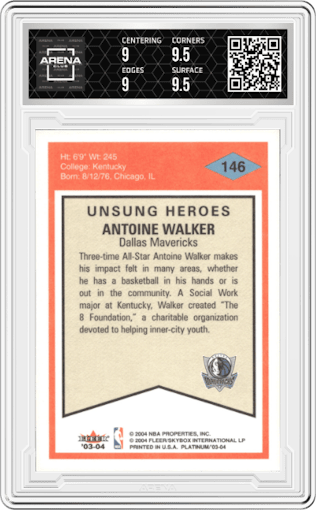 Antoine Walker from the 2003-04 Fleer Platinum set graded by Arena Club and given an overall grade of 9.5.