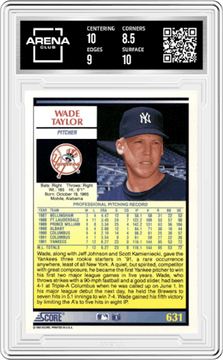 Wade Taylor from the 1992 Score set graded by Arena Club and given an overall grade of 9.