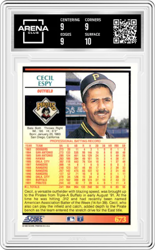 Cecil Espy from the 1992 Score set graded by Arena Club and given an overall grade of 9.5.