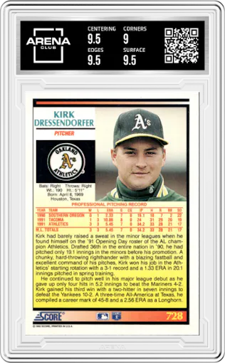 Kirk Dressendorfer from the 1992 Score set graded by Arena Club and given an overall grade of 9.5.