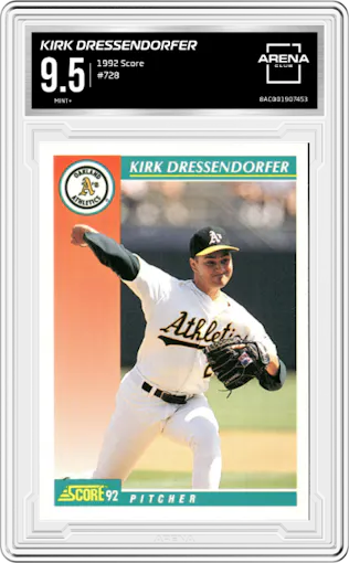 Kirk Dressendorfer from the 1992 Score set graded by Arena Club and given an overall grade of 9.5.